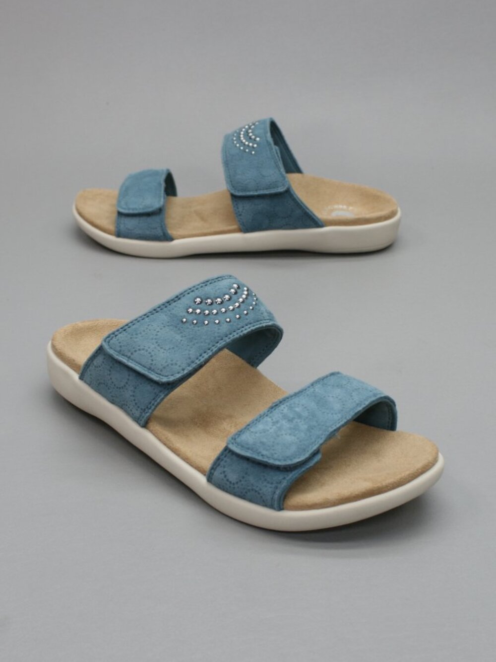 Revitalign Ladies 8 Mirage Orthotic Blue Suede Hook & Loop Mules Slides Sandals